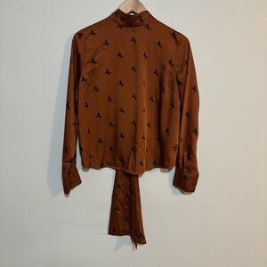 🐎Forever 21 Brown Blouse with Black Horse Accents | Back Tie | Womens Size L